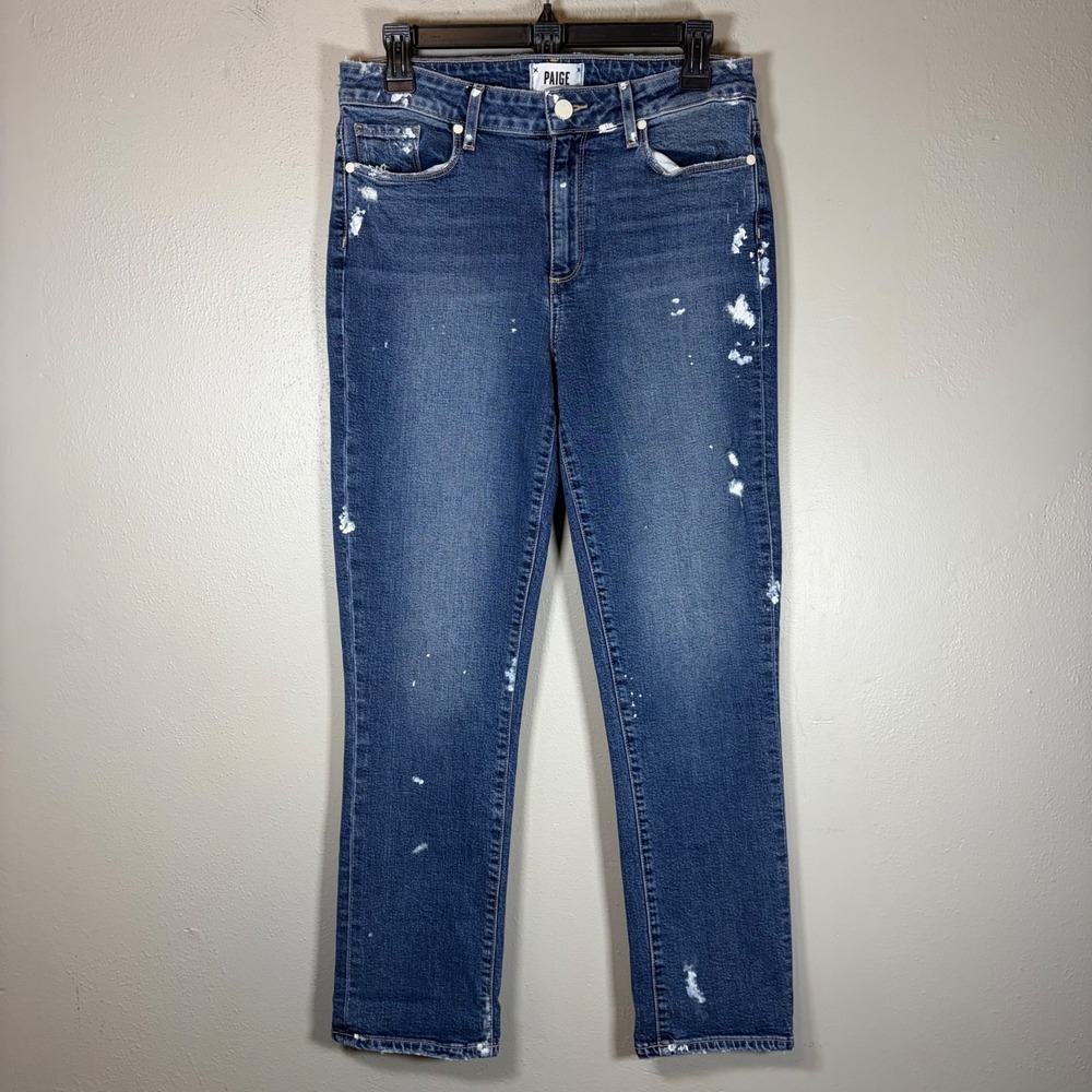 PAIGE Womens High Rise Straight Leg Blue Paint Splatter Distressed Jeans Size 31